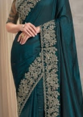 Peacock Blue Silk Crush Saree with Detailed Embroidery Finish
