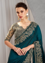 Peacock Blue Silk Crush Saree with Detailed Embroidery Finish