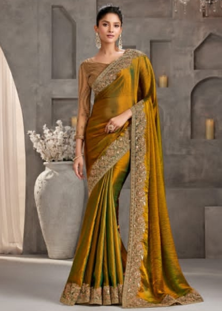Mustard Yellow Two-Tone Chiffon Saree with Golden Embroidery Touch