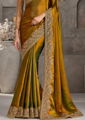 Mustard Yellow Two-Tone Chiffon Saree with Golden Embroidery Touch