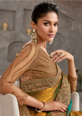 Mustard Yellow Two-Tone Chiffon Saree with Golden Embroidery Touch