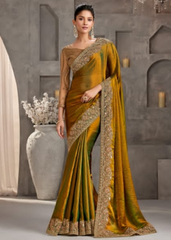 Mustard Yellow Two-Tone Chiffon Saree with Golden Embroidery Touch