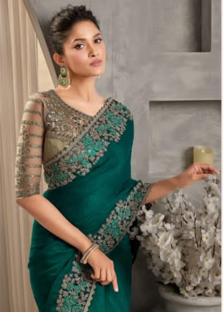 Emerald Green Georgette Silk Crush Saree with Statement Embroidery