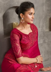 Rani Pink Satin Chiffon Saree with Bold Embroidered Border