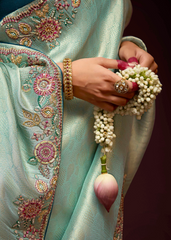 Sea Green Banarasi Kanjivaram Saree with Stone Border