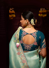 Sea Green Banarasi Kanjivaram Saree with Stone Border