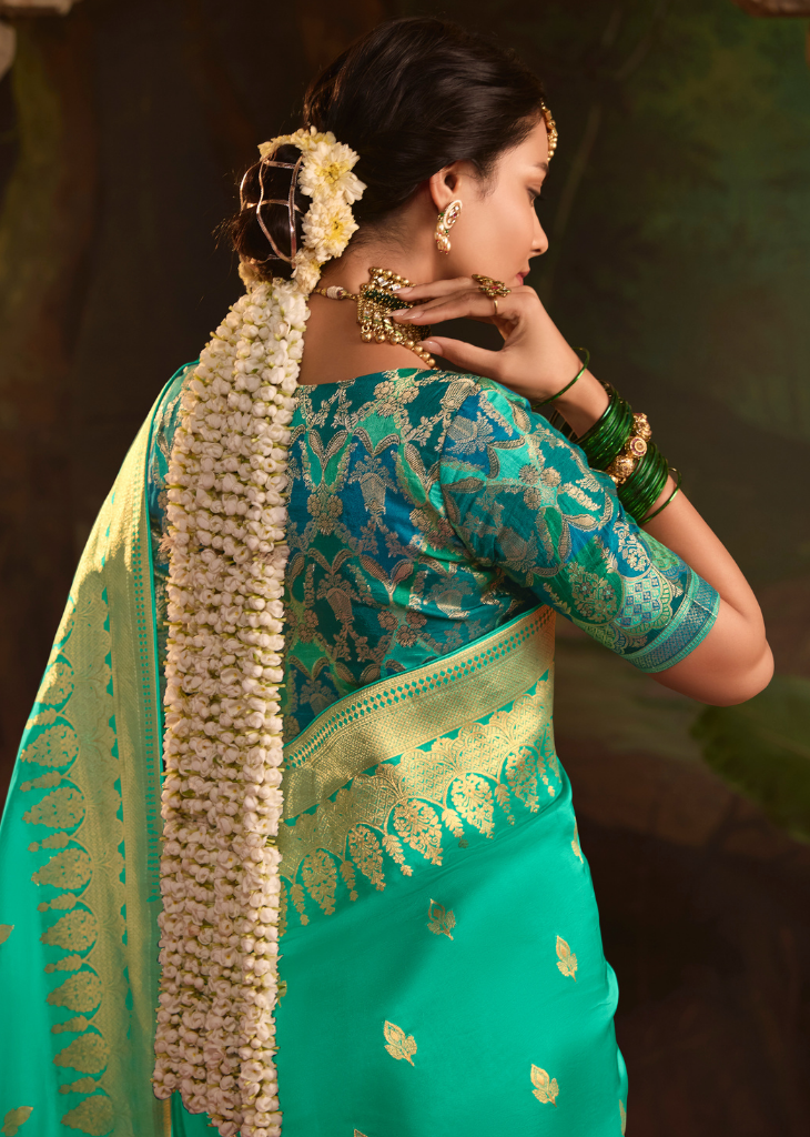 Turquoise Crepe Dola Silk Saree for Festive Wear