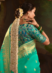 Turquoise Crepe Dola Silk Saree for Festive Wear