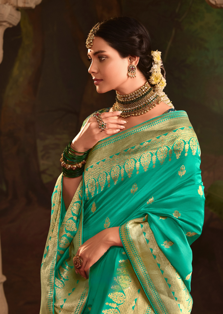 Turquoise Crepe Dola Silk Saree for Festive Wear