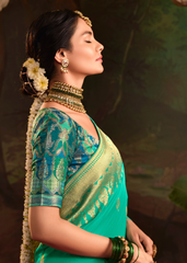 Turquoise Crepe Dola Silk Saree for Festive Wear