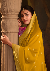 Yellow Crepe Dola Silk Saree for Festive Style