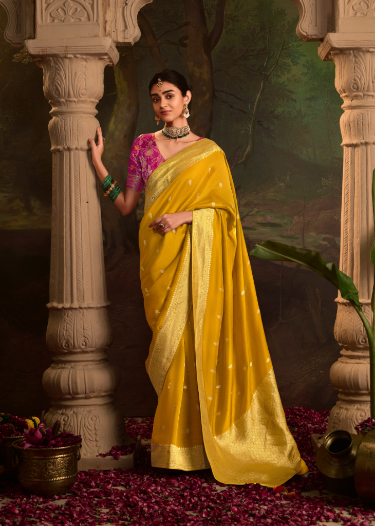 Yellow Crepe Dola Silk Saree for Festive Style