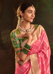 Pink Dola Silk Saree with Gold Woven Stripes