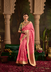Pink Dola Silk Saree with Gold Woven Stripes