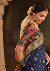 Navy Blue Dola Silk Saree with Zari Border Work