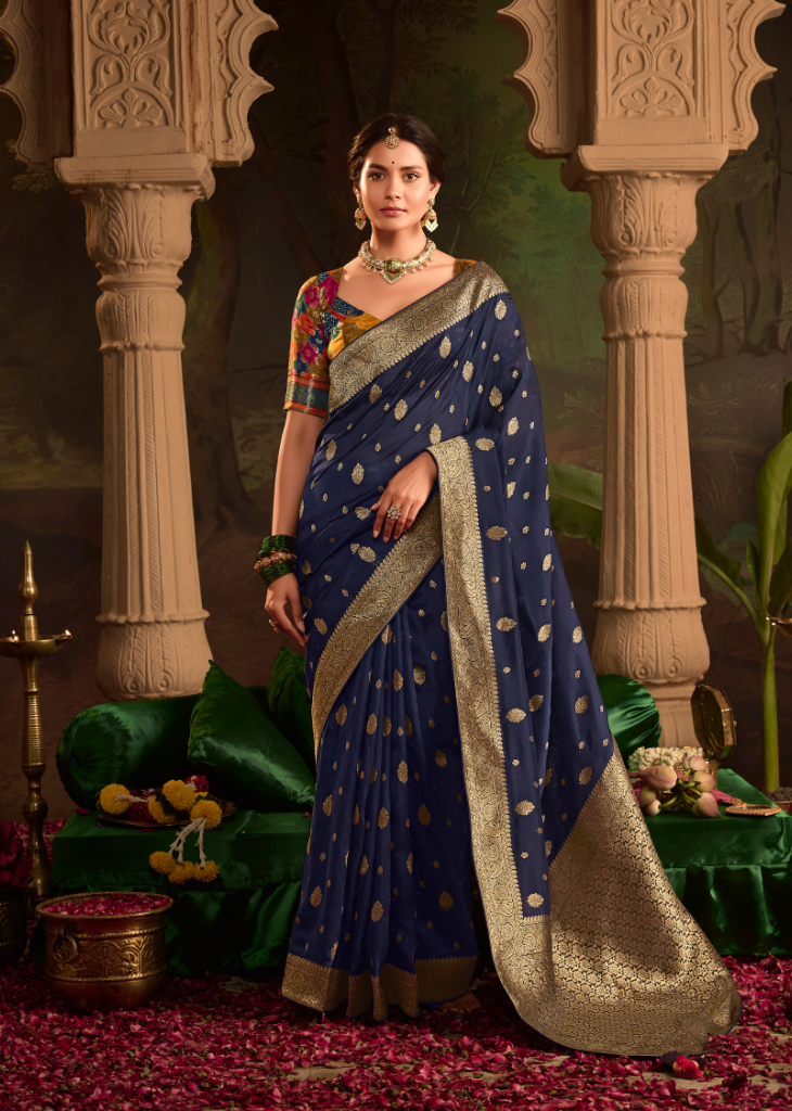 Navy Blue Dola Silk Saree with Zari Border Work
