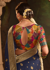 Navy Blue Dola Silk Saree with Zari Border Work