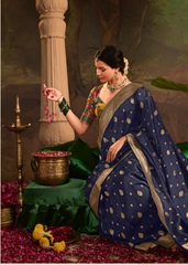 Navy Blue Dola Silk Saree with Zari Border Work