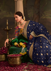 Navy Blue Dola Silk Saree with Zari Border Work