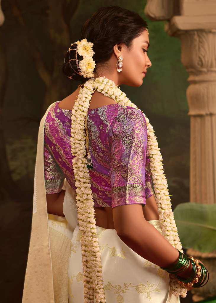 Off-White Dola Silk Saree with Gold Zari Weaves