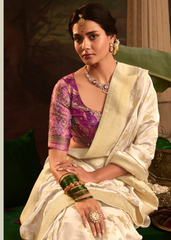 Off-White Dola Silk Saree with Gold Zari Weaves