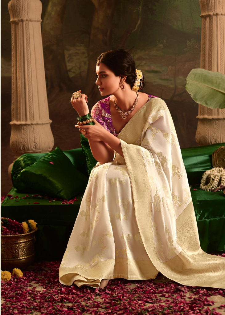Off-White Dola Silk Saree with Gold Zari Weaves