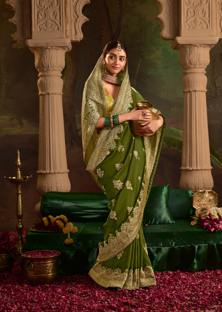 Olive Green Zari Embroidered Dola Silk Saree