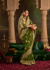 Olive Green Zari Embroidered Dola Silk Saree