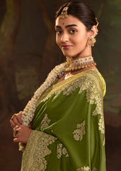 Olive Green Zari Embroidered Dola Silk Saree