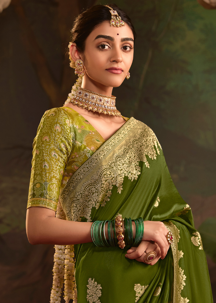 Olive Green Zari Embroidered Dola Silk Saree