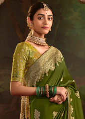 Olive Green Zari Embroidered Dola Silk Saree