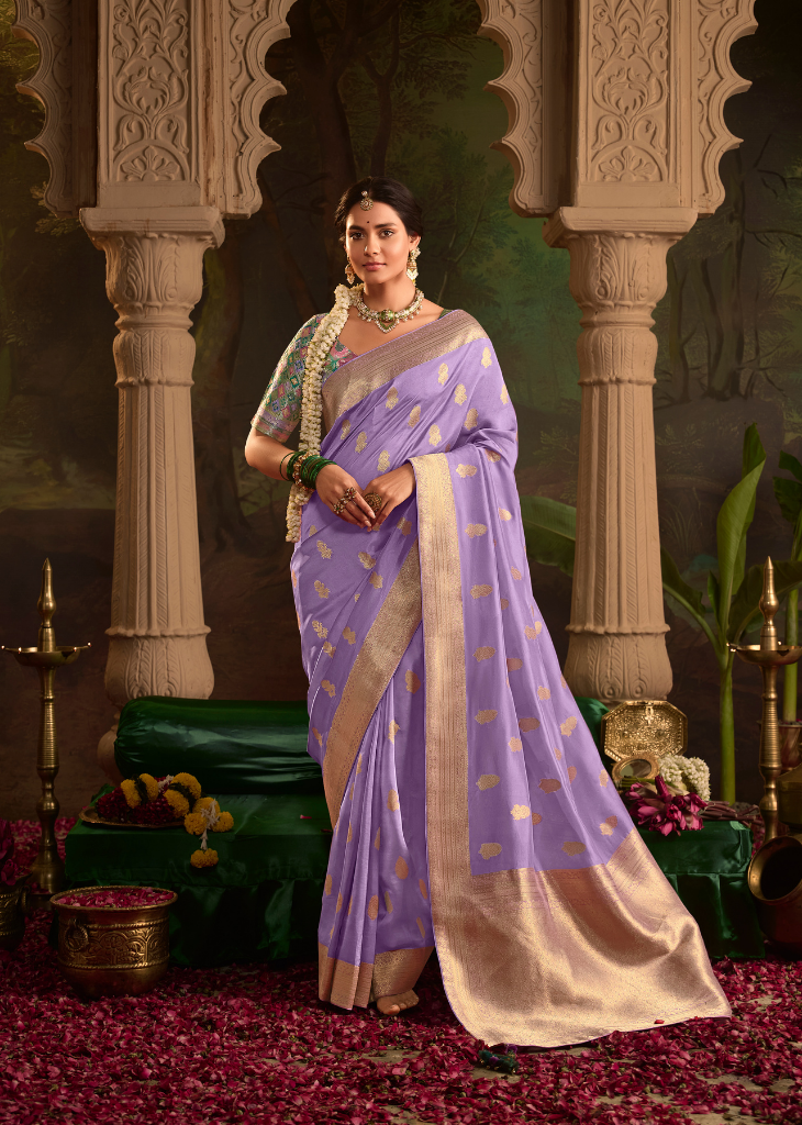 Lavender Dola Silk Saree with All‑Over Buta & Golden Border