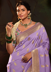 Lavender Dola Silk Saree with All‑Over Buta & Golden Border