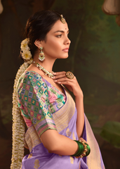 Lavender Dola Silk Saree with All‑Over Buta & Golden Border