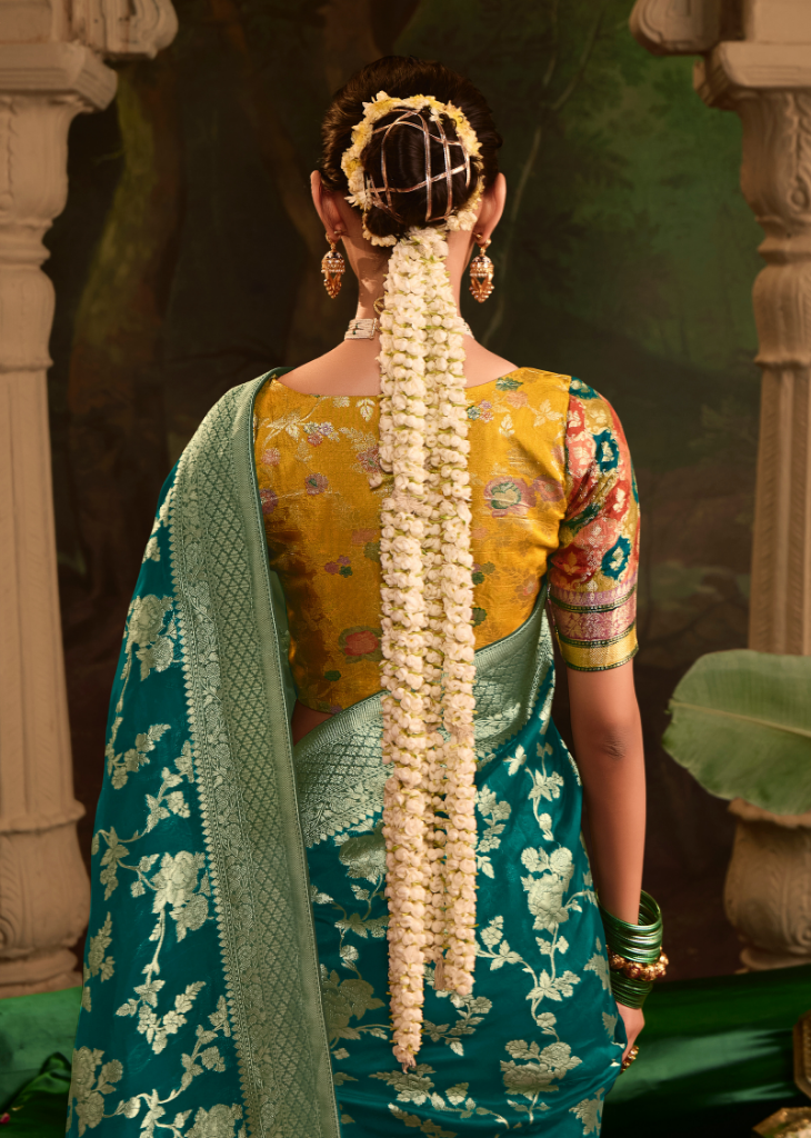 Emerald Teal Dola Silk Saree with Golden Floral Weaving & Broad Border