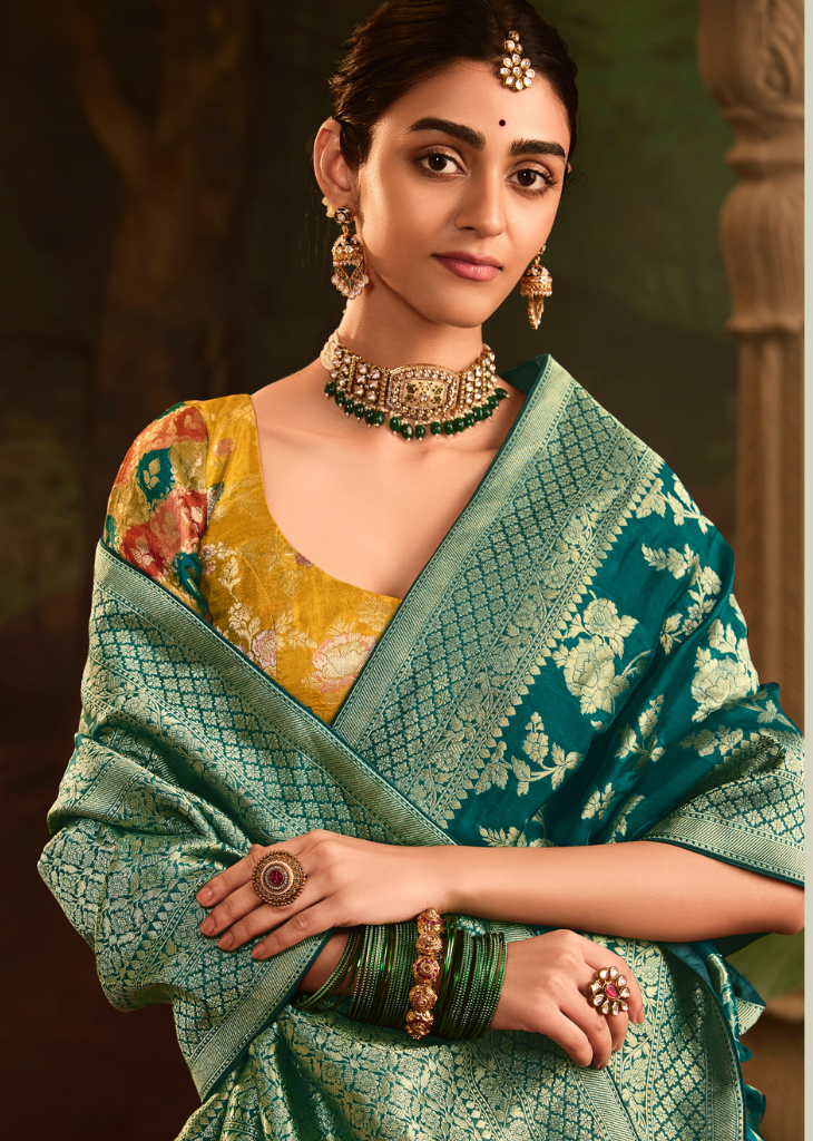 Emerald Teal Dola Silk Saree with Golden Floral Weaving & Broad Border