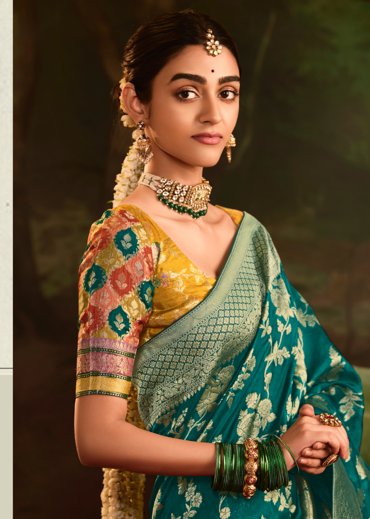 Emerald Teal Dola Silk Saree with Golden Floral Weaving & Broad Border