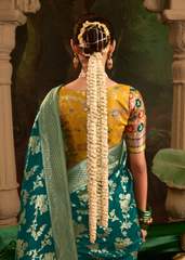 Emerald Teal Dola Silk Saree with Golden Floral Weaving & Broad Border