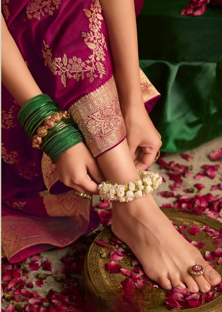 Magenta Dola Silk Saree with Golden Floral Zari Weave