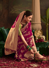 Magenta Dola Silk Saree with Golden Floral Zari Weave