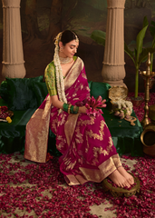 Magenta Dola Silk Saree with Golden Floral Zari Weave