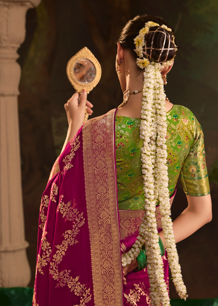 Magenta Dola Silk Saree with Golden Floral Zari Weave