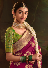 Magenta Dola Silk Saree with Golden Floral Zari Weave