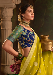 Lime Yellow Dola Silk Saree with Golden Zari Weave