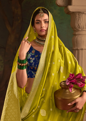 Lime Yellow Dola Silk Saree with Golden Zari Weave