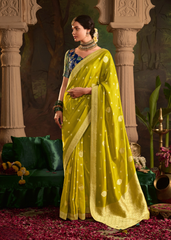 Lime Yellow Dola Silk Saree with Golden Zari Weave