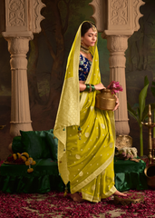 Lime Yellow Dola Silk Saree with Golden Zari Weave