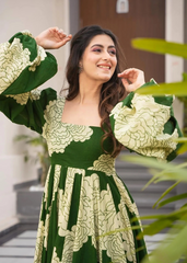 Green Floral Print Rayon Gown with Puff Sleeves