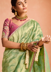 Zari Tissue Silk Saree with Embroidery & Contrast Blouse