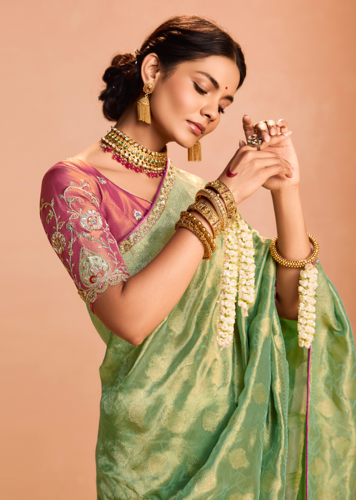 Zari Tissue Silk Saree with Embroidery & Contrast Blouse